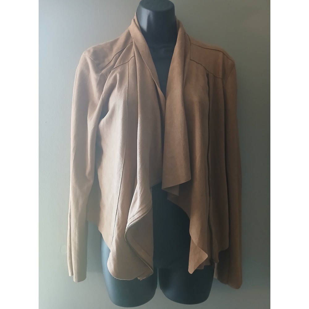 Mod Ref Tan Faux Suede Draped Asymmetrical Zip Front Jacket Womens Large - Picture 2 of 9